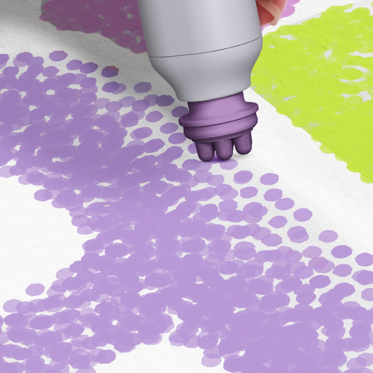Mellow Monkey Groovy Vibes FlowArt Pogo-Dot marker creating purple and lime green dot art on white paper
