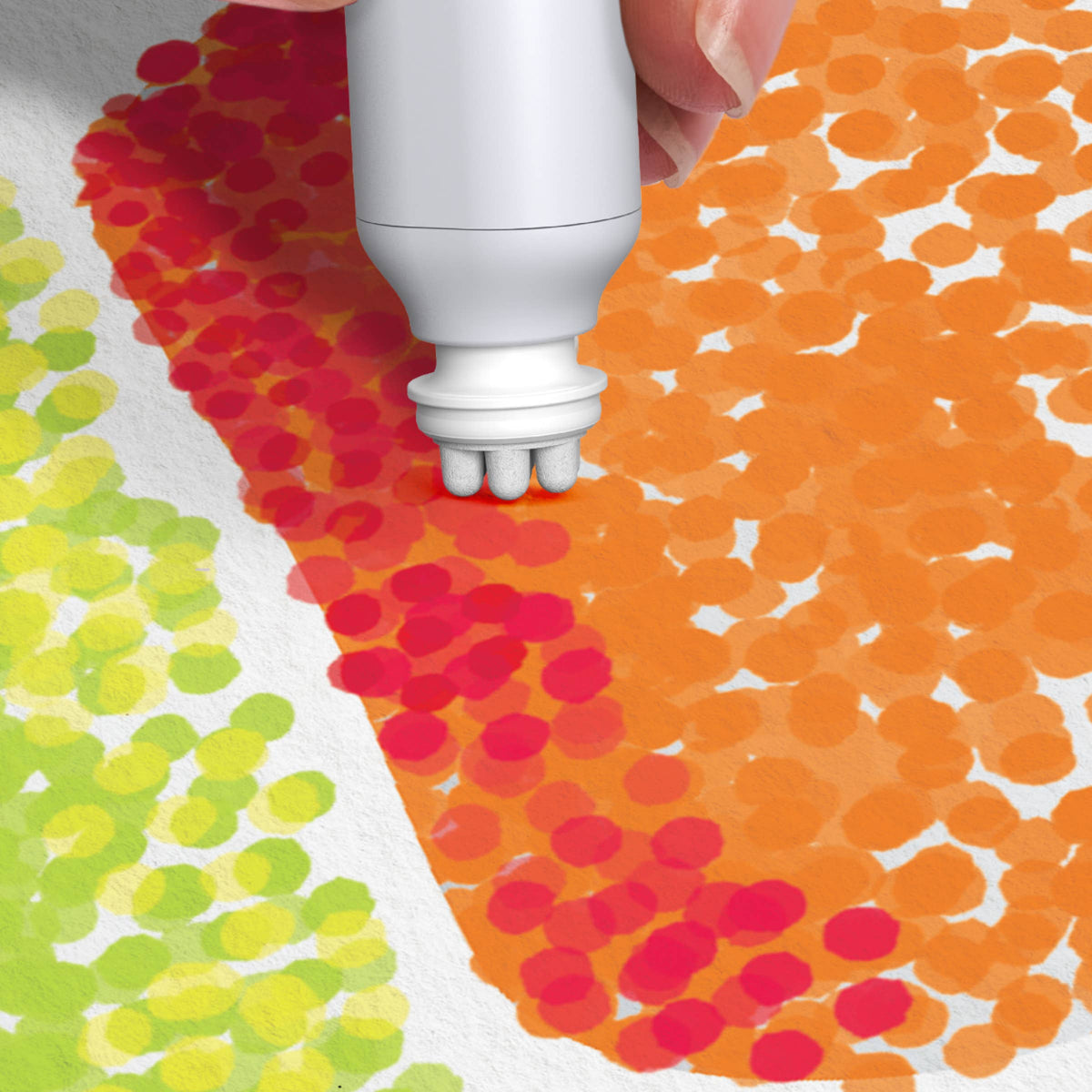 Mellow Monkey Groovy Vibes FlowArt Pogo-Dot marker creating colorful dot art patterns on paper for mindfulness.