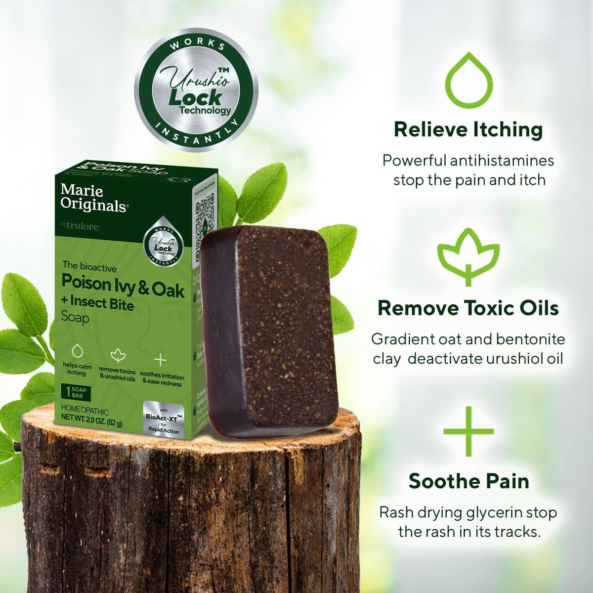 Mellow Monkey Poison Ivy and Oak soap bar on a wooden stump with product packaging showing natural itch relief benefits