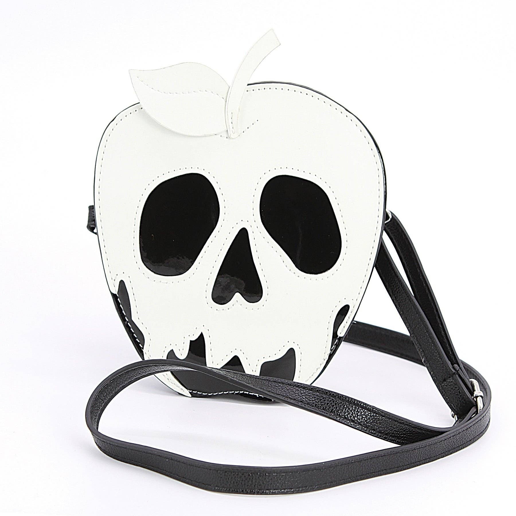 Mellow Monkey glow in the dark poisoned apple crossbody bag in black and white vinyl with a detachable strap.