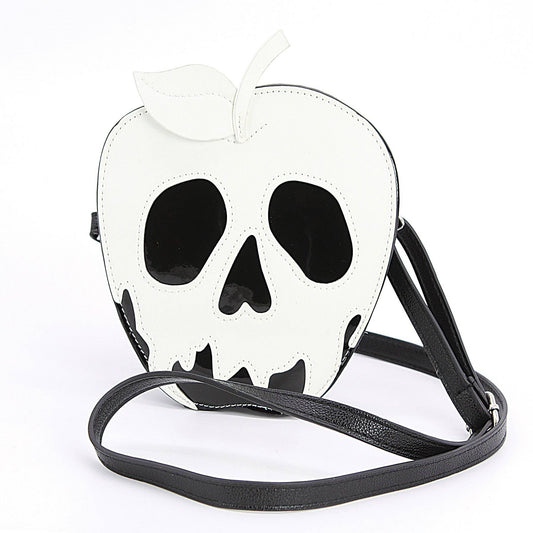 Mellow Monkey glow in the dark poisoned apple crossbody bag in black and white vinyl with a detachable strap.