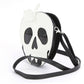 Mellow Monkey glow in the dark poisoned apple crossbody bag in black and white vinyl with a detachable strap.