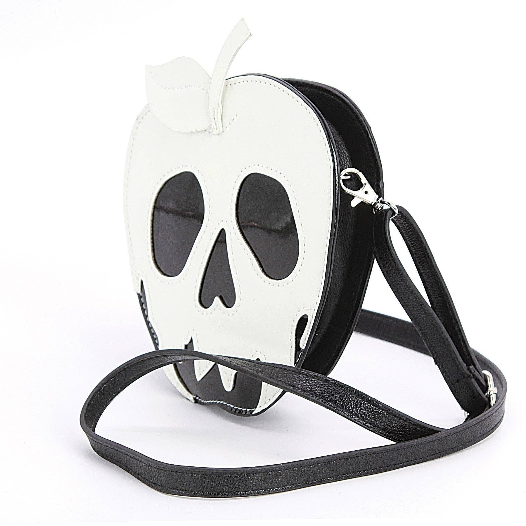 Mellow Monkey glow in the dark poisoned apple crossbody bag in black and white vinyl with a detachable strap.