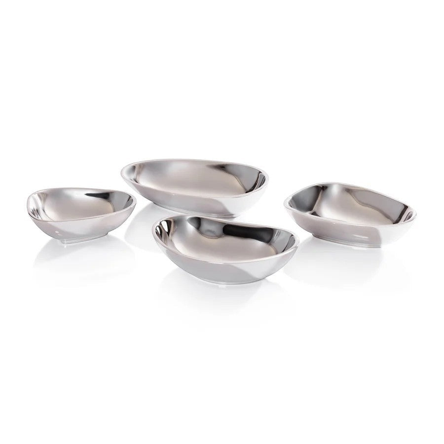 Mellow Monkey set of four polished nickel alloy condiment bowls with organic, irregular shapes for dips and sauces.