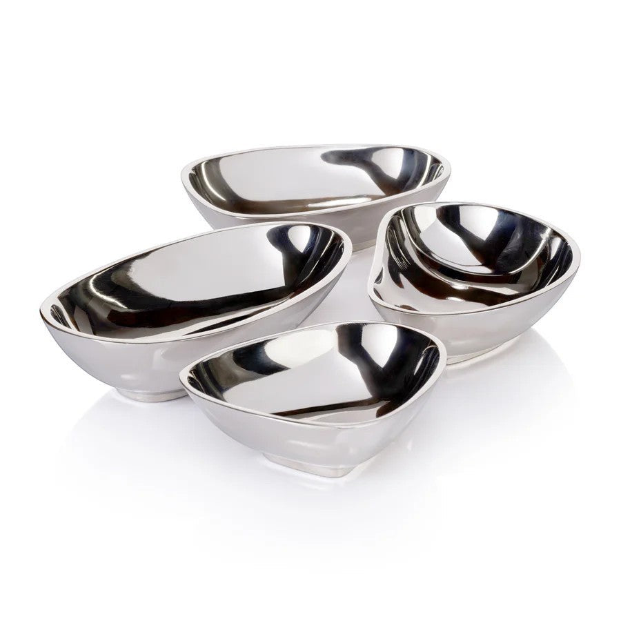 Mellow Monkey set of four polished nickel alloy condiment bowls with unique organic shapes for dips and sauces.