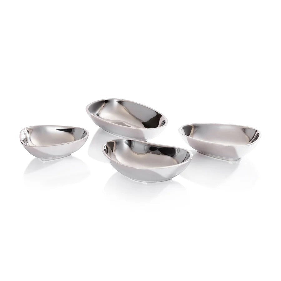 Mellow Monkey set of four polished nickel alloy condiment bowls with unique organic shapes for dips and sauces.