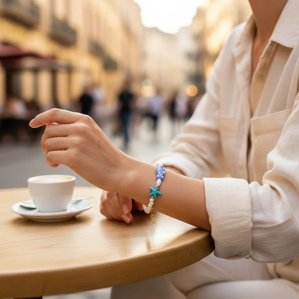 Mellow Monkey coastal bracelet featuring a polka dot fish and aqua starfish bead on a woman's wrist at a cafe