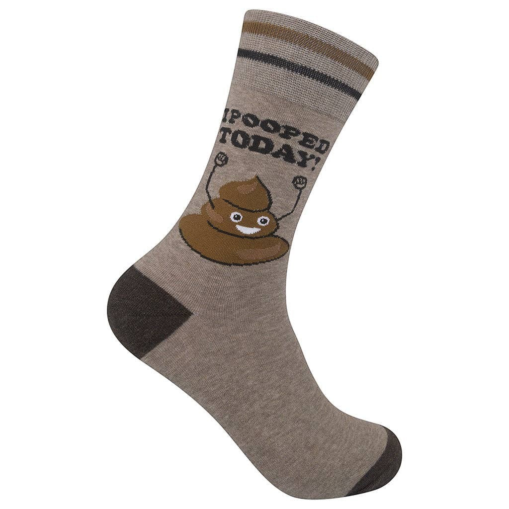 Mellow Monkey light brown crew socks featuring a cartoon poop character and the text I Pooped Today