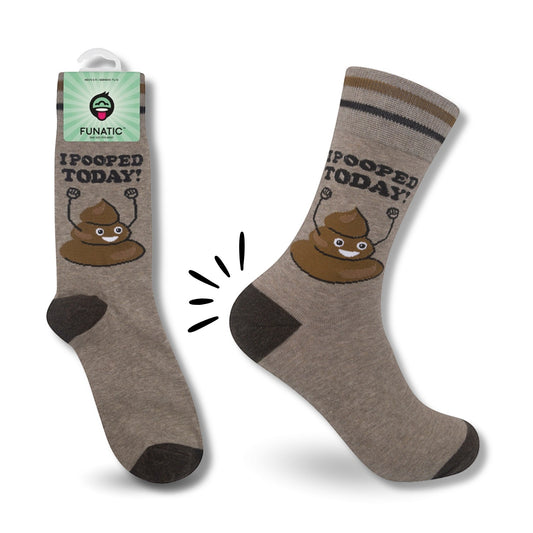 Mellow Monkey I Pooped Today crew socks in light brown with a cartoon poop character and dark brown accents.