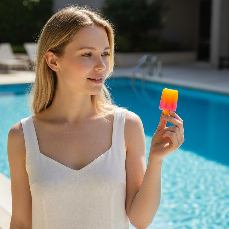 Woman in white dress holding a Mellow Monkey glittery popsicle squeeze toy by a swimming pool.