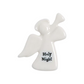 Mellow Monkey white porcelain angel holiday wish token with Holy Night sentiment in black lettering