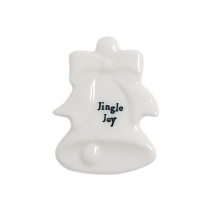 Mellow Monkey porcelain holiday bell token with Jingle Joy sentiment in black lettering on a white glazed finish