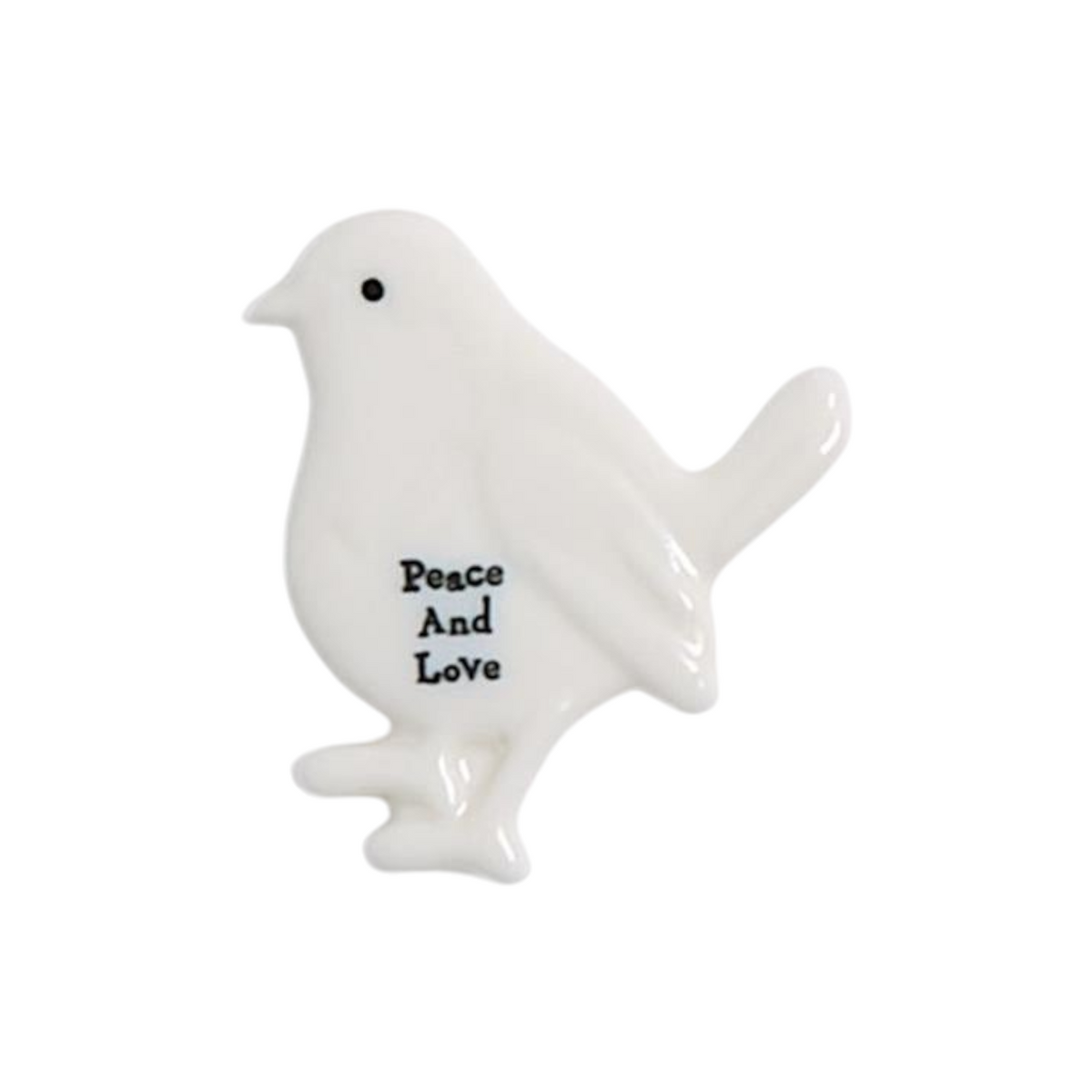 Mellow Monkey white porcelain bird token with Peace And Love text for holiday gifting
