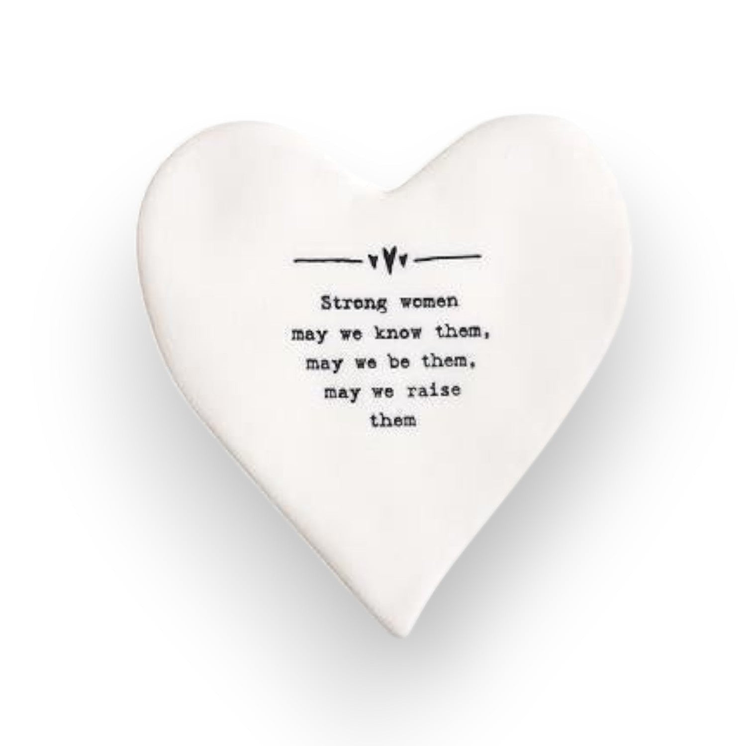 Mellow Monkey white porcelain heart-shaped coaster with black Strong Women quote text