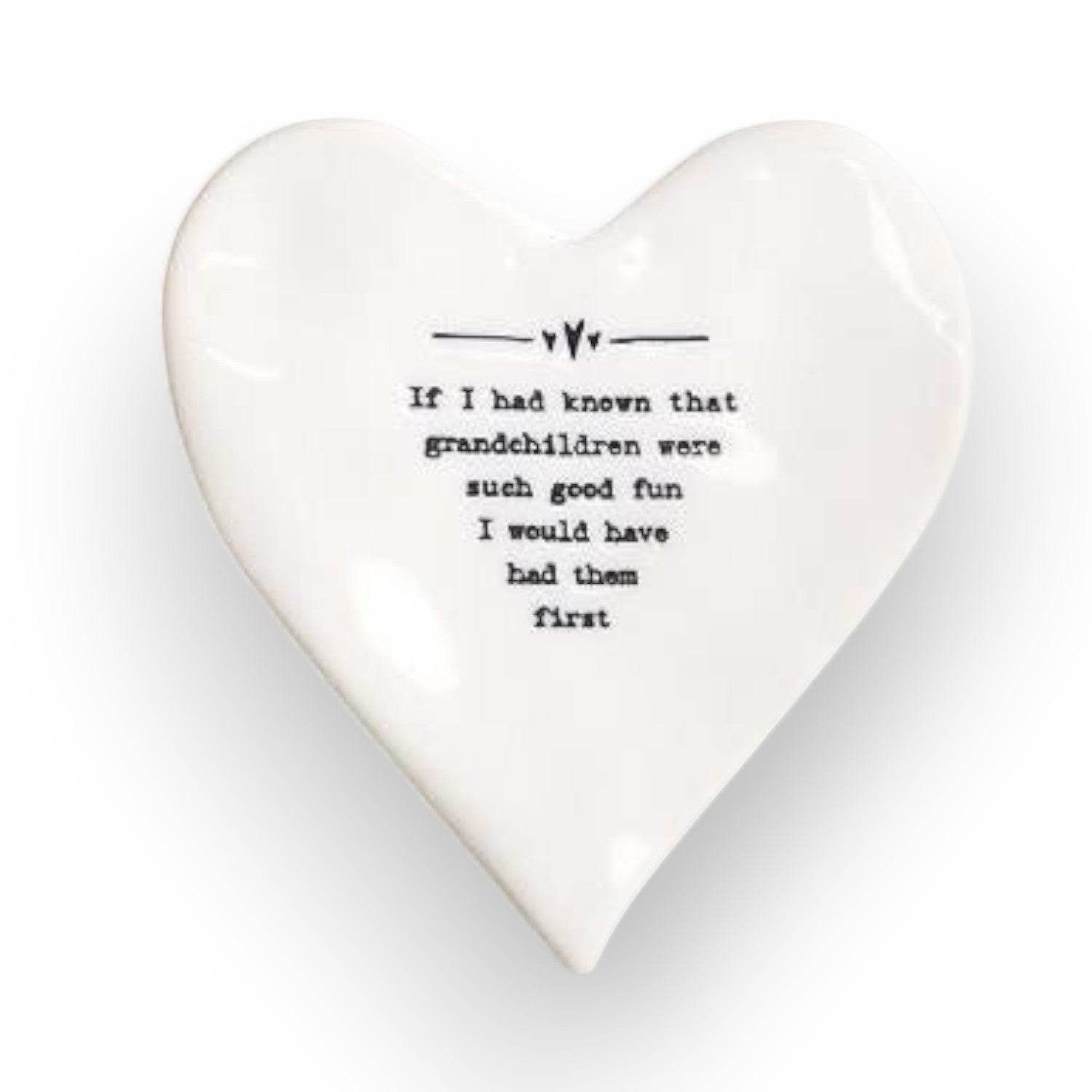 Mellow Monkey white porcelain heart-shaped coaster with black text about grandchildren and a bottom cushion protector.