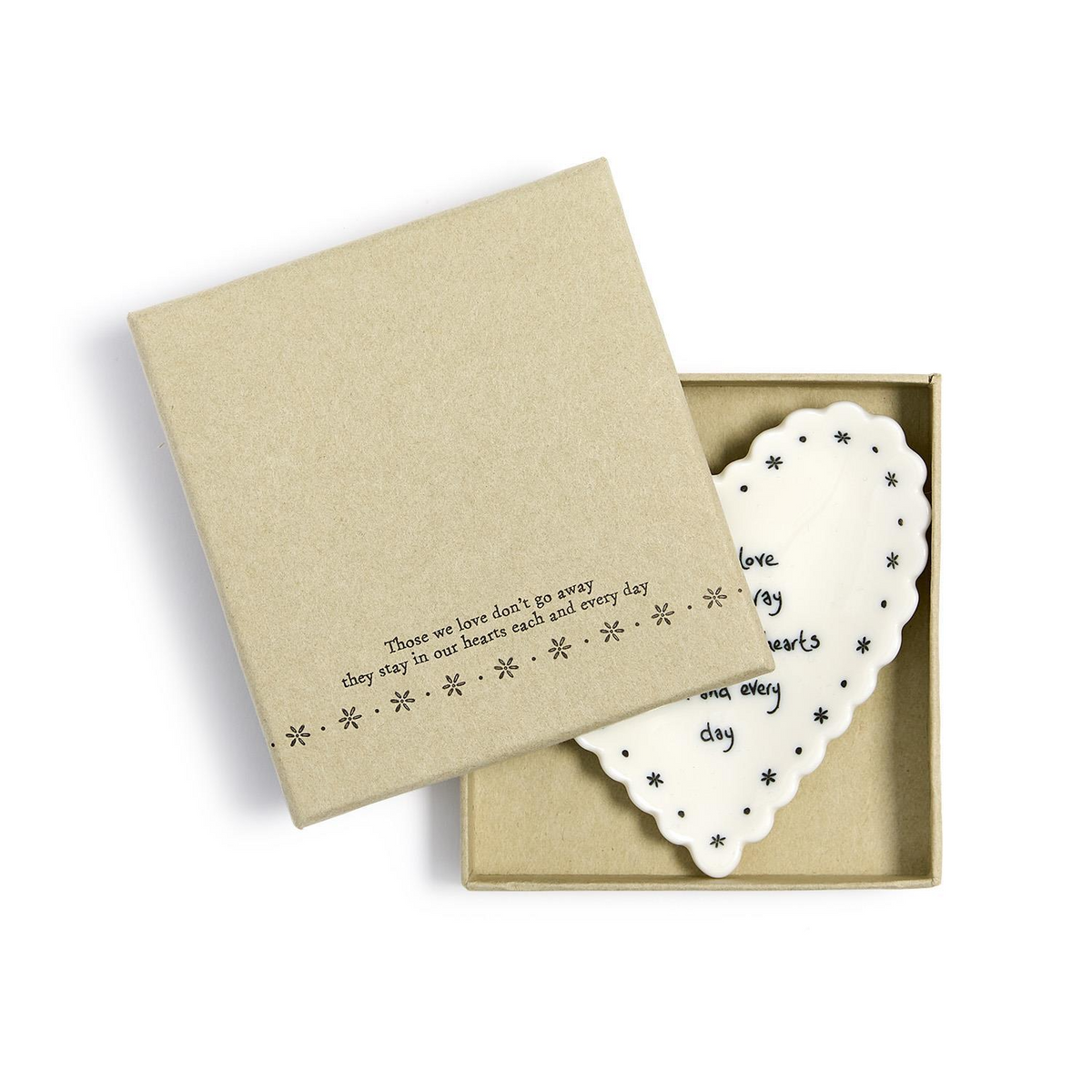 Mellow Monkey heart-shaped porcelain trinket dish with scalloped edges and sentimental text in a gift box.