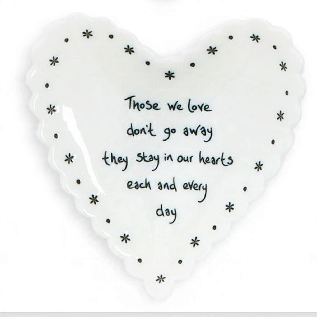 Mellow Monkey white porcelain heart-shaped trinket dish with scalloped edges and a sentimental black text message.