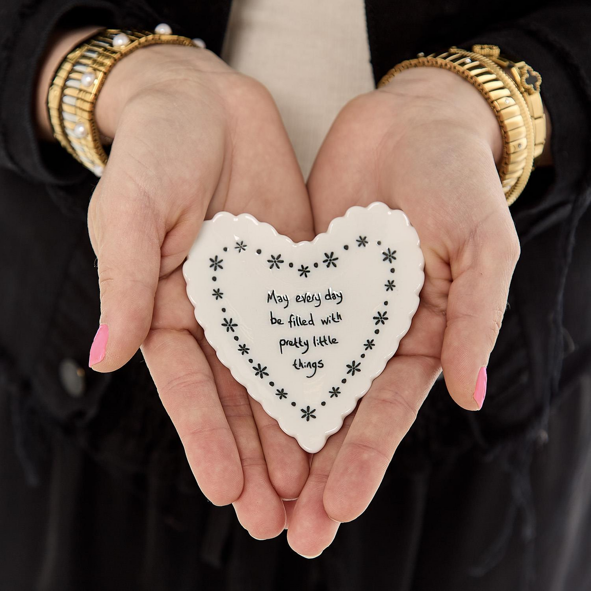 Mellow Monkey white porcelain heart-shaped trinket dish with a scalloped edge and a sentimental floral message