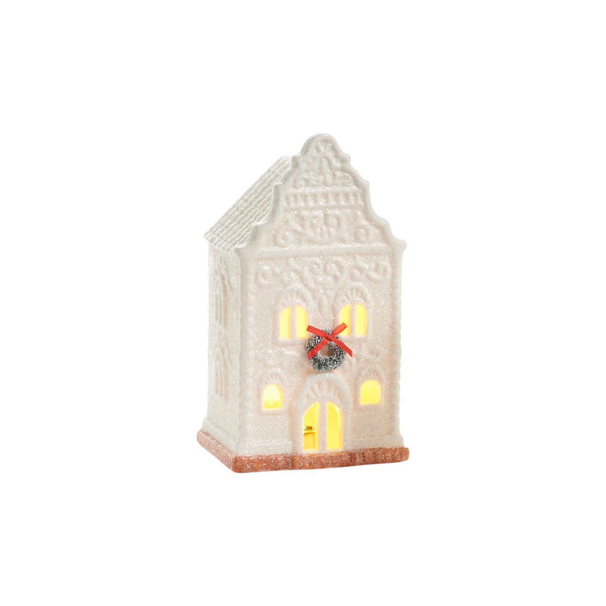 Mellow Monkey set of three white porcelain holiday houses with warm LED lights, festive wreaths, and red bows.