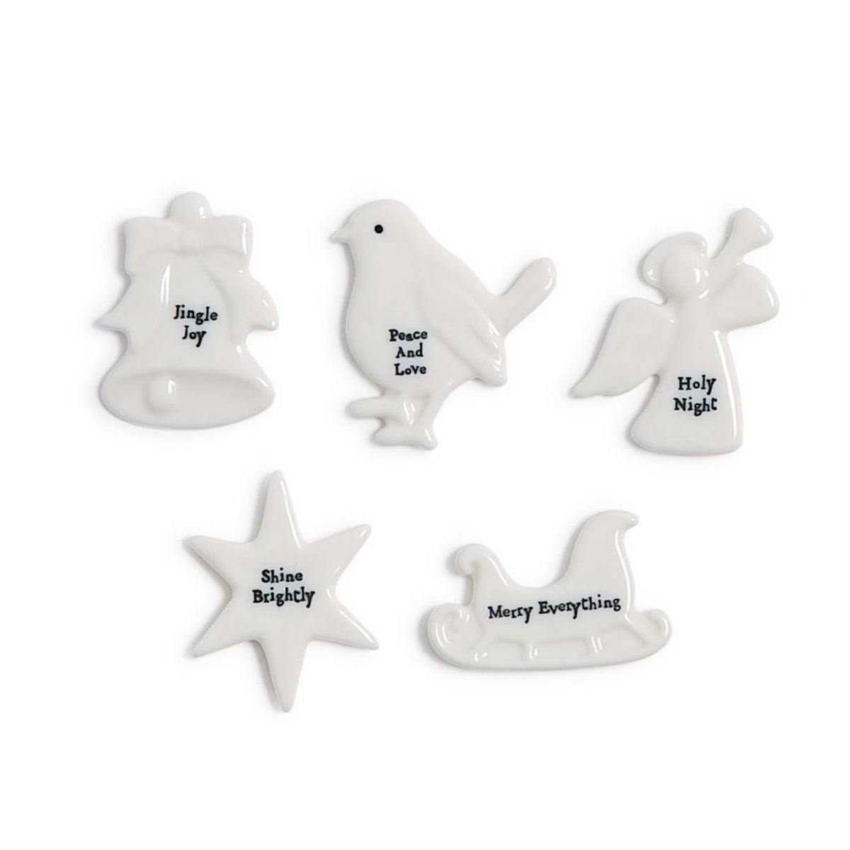 Mellow Monkey porcelain holiday wish tokens featuring sculpted shapes and heartfelt messages in black lettering.