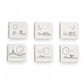 Mellow Monkey set of six white porcelain square coasters featuring black inspirational quotes and whimsical drawings.
