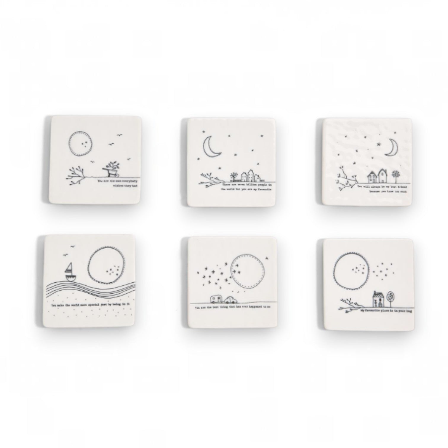 Mellow Monkey set of six white porcelain square coasters featuring black inspirational quotes and whimsical drawings.