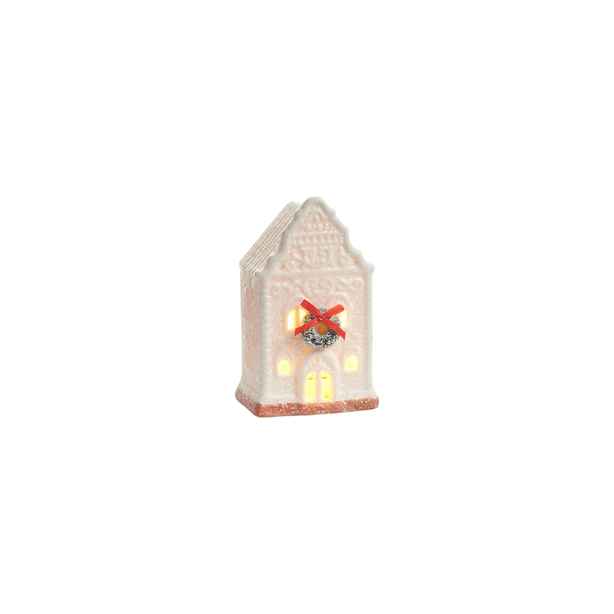 Mellow Monkey set of three white porcelain lighted holiday houses with festive wreaths and warm LED glow