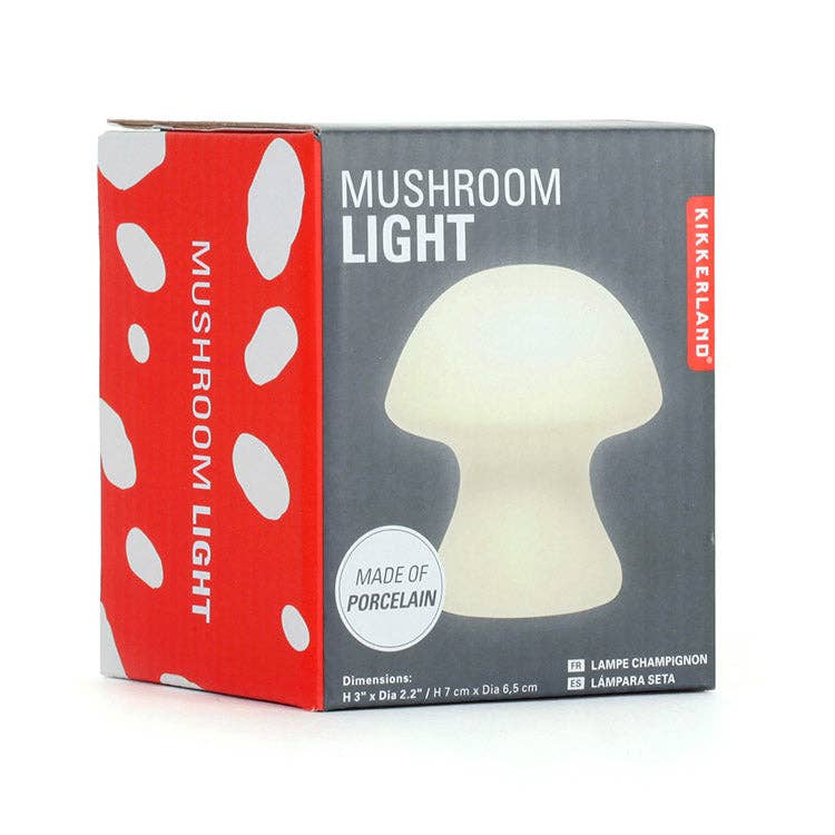 Mellow Monkey small mushroom-shaped porcelain LED light in its red and white patterned retail packaging