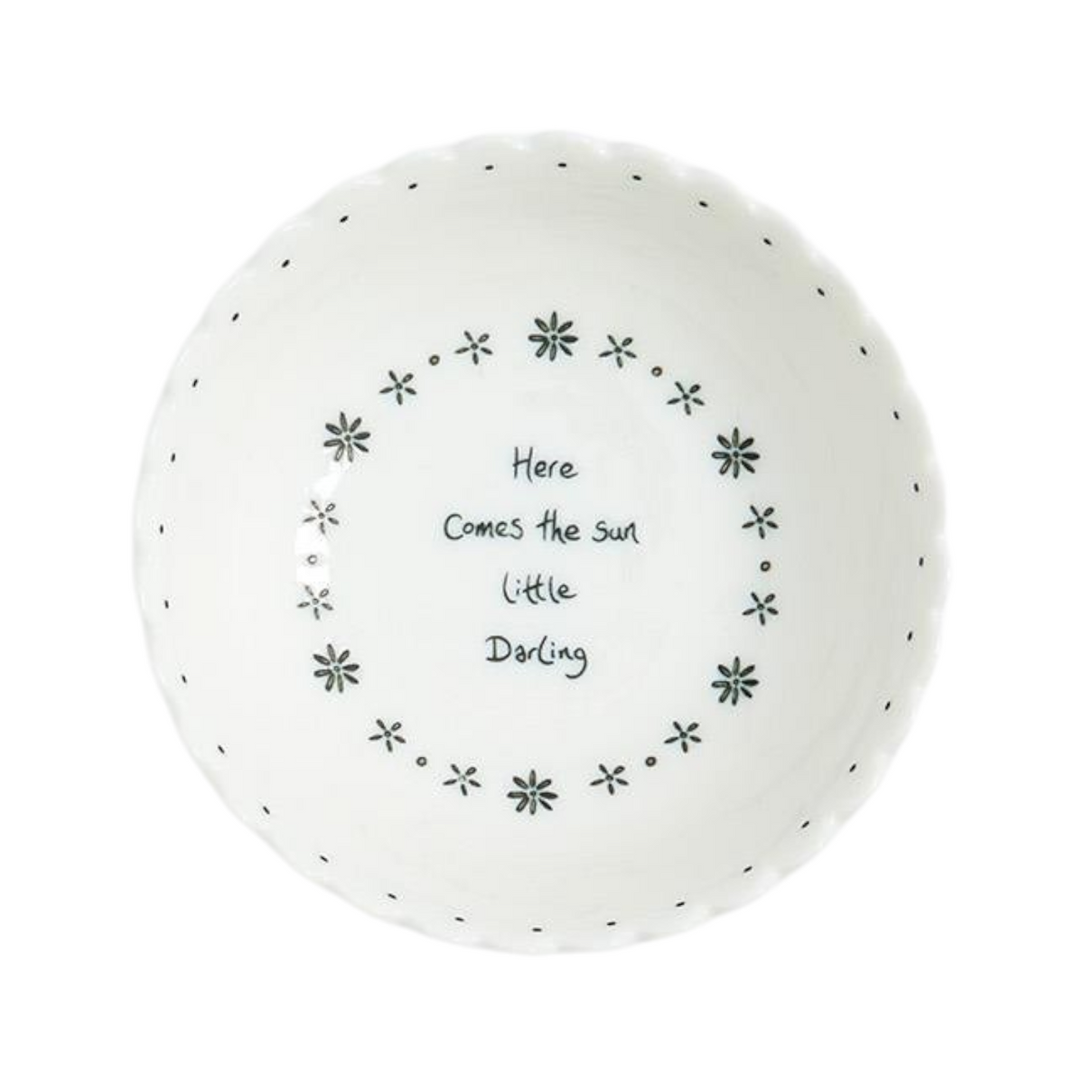 Mellow Monkey set of four white porcelain bowls with scalloped edges and inspiring messages in black text