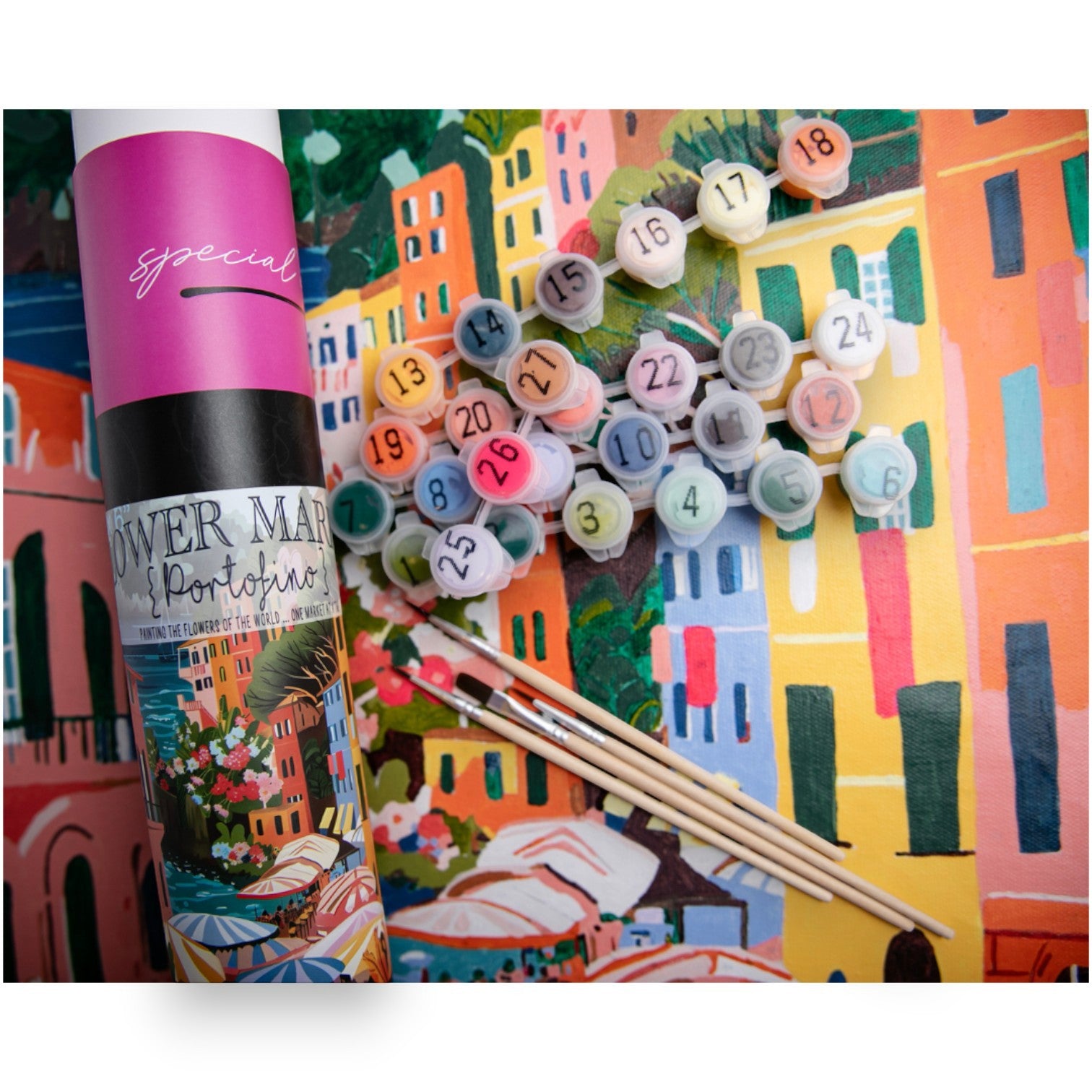 Mellow Monkey Flower Market Portofino paint by number kit with numbered acrylic paint pots, brushes, and canvas.