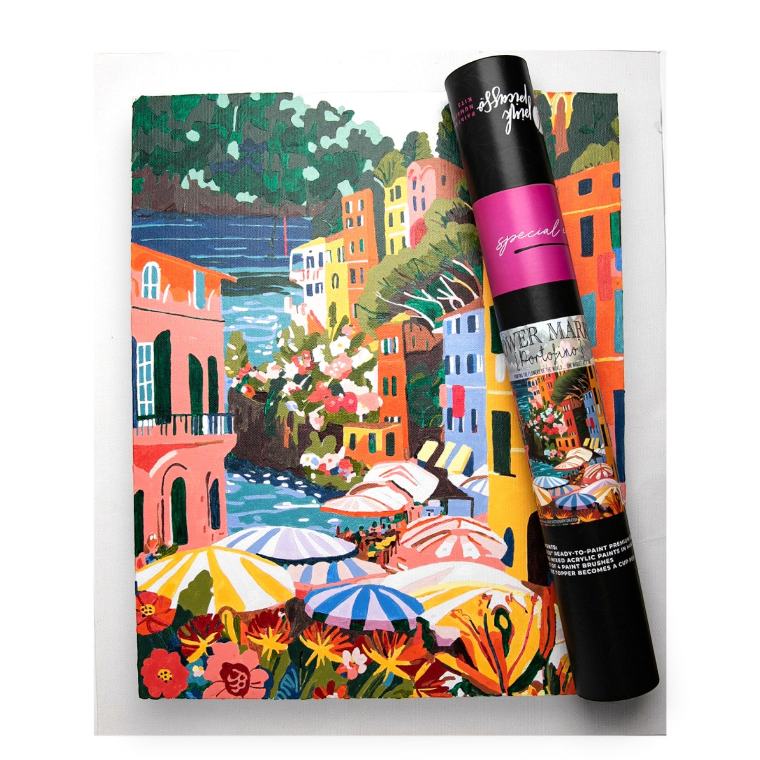 Mellow Monkey Flower Market Portofino paint by number kit with a colorful Italian coastal scene and storage tube