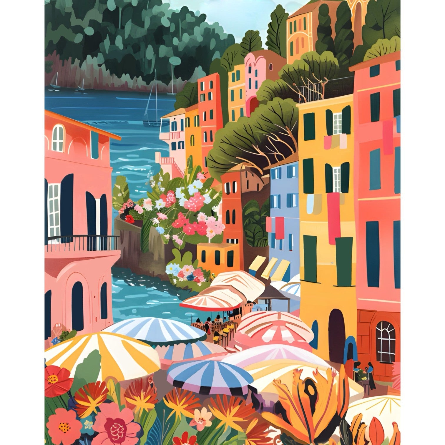 Mellow Monkey Flower Market Portofino paint by number kit featuring a colorful Italian coastal village scene.