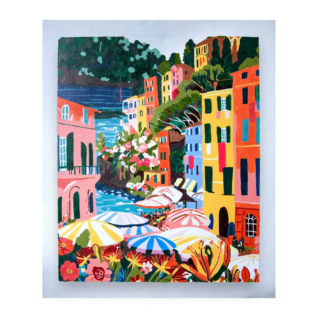 Mellow Monkey Flower Market Portofino paint by number kit featuring a colorful Italian coastal town scene.