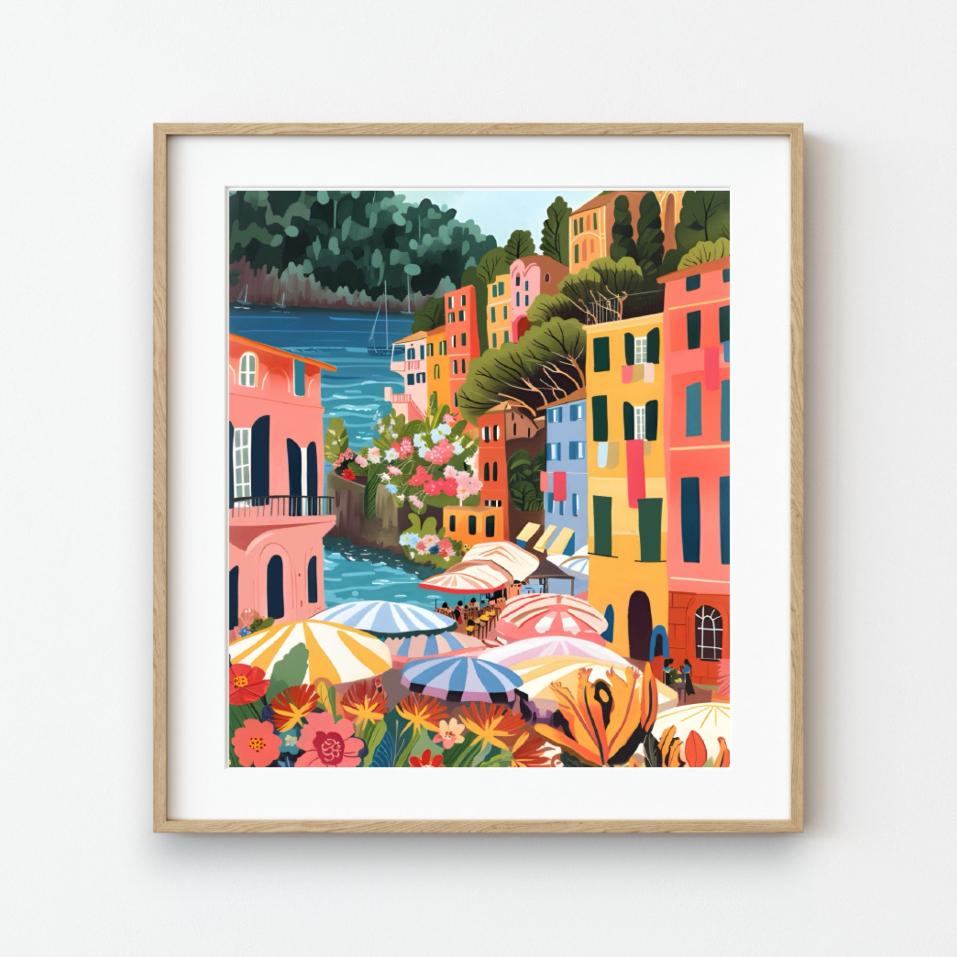 Mellow Monkey Flower Market Portofino paint by number kit featuring a colorful Italian coastal village scene in a frame