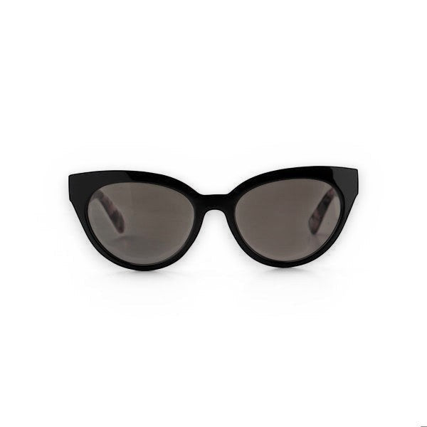 Mellow Monkey Portside Princess black cat-eye sunglasses with tortoise shell arms and grey lenses.