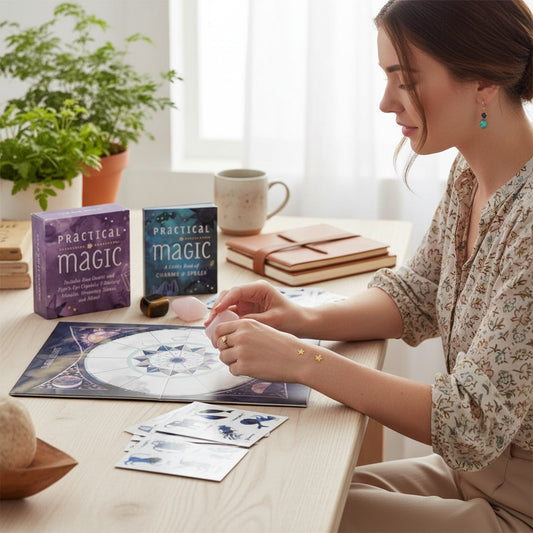 Mellow Monkey Practical Magic Mini Mega Kit with crystals, astrological chart, stickers, and guide on a desk.