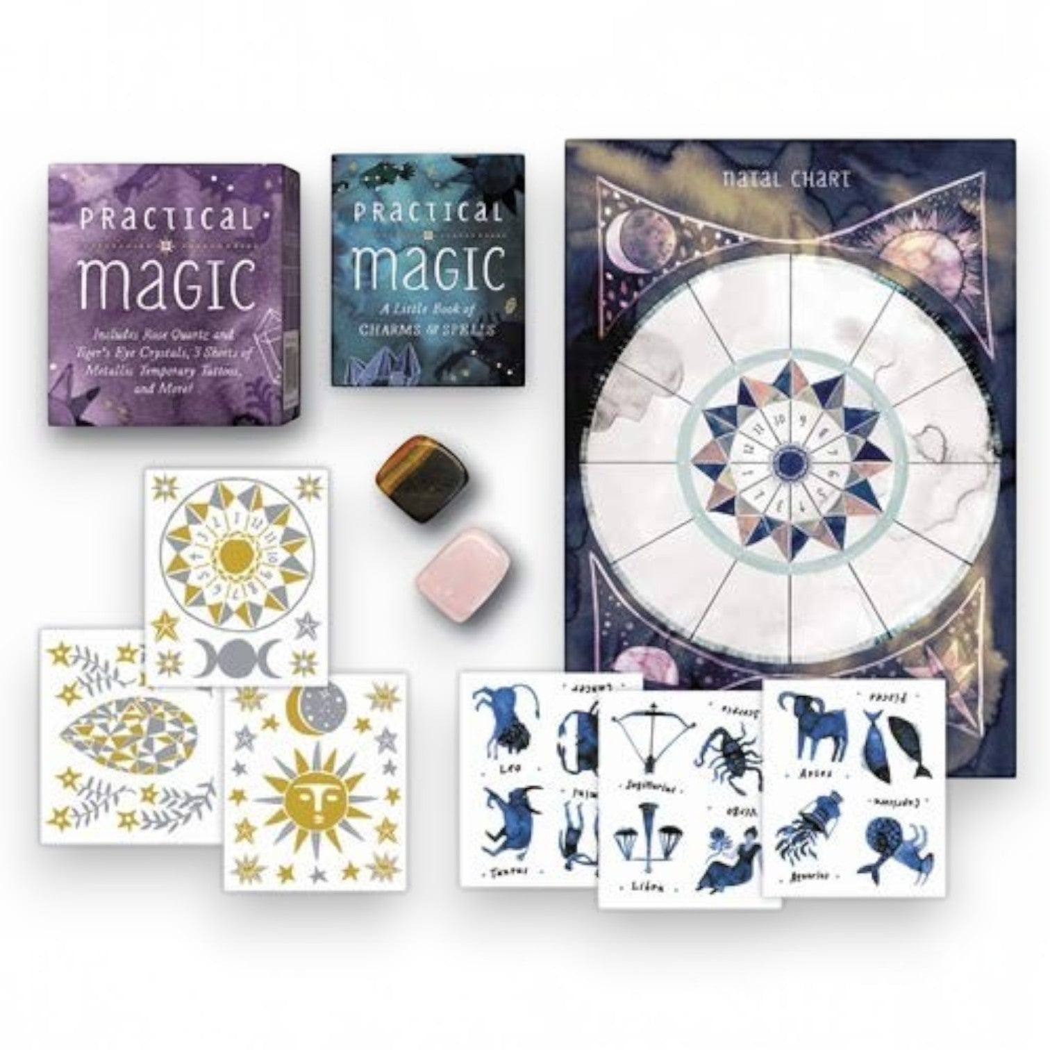Mellow Monkey Practical Magic Mini Mega Kit with crystals, astrological chart, stickers, and temporary tattoos.