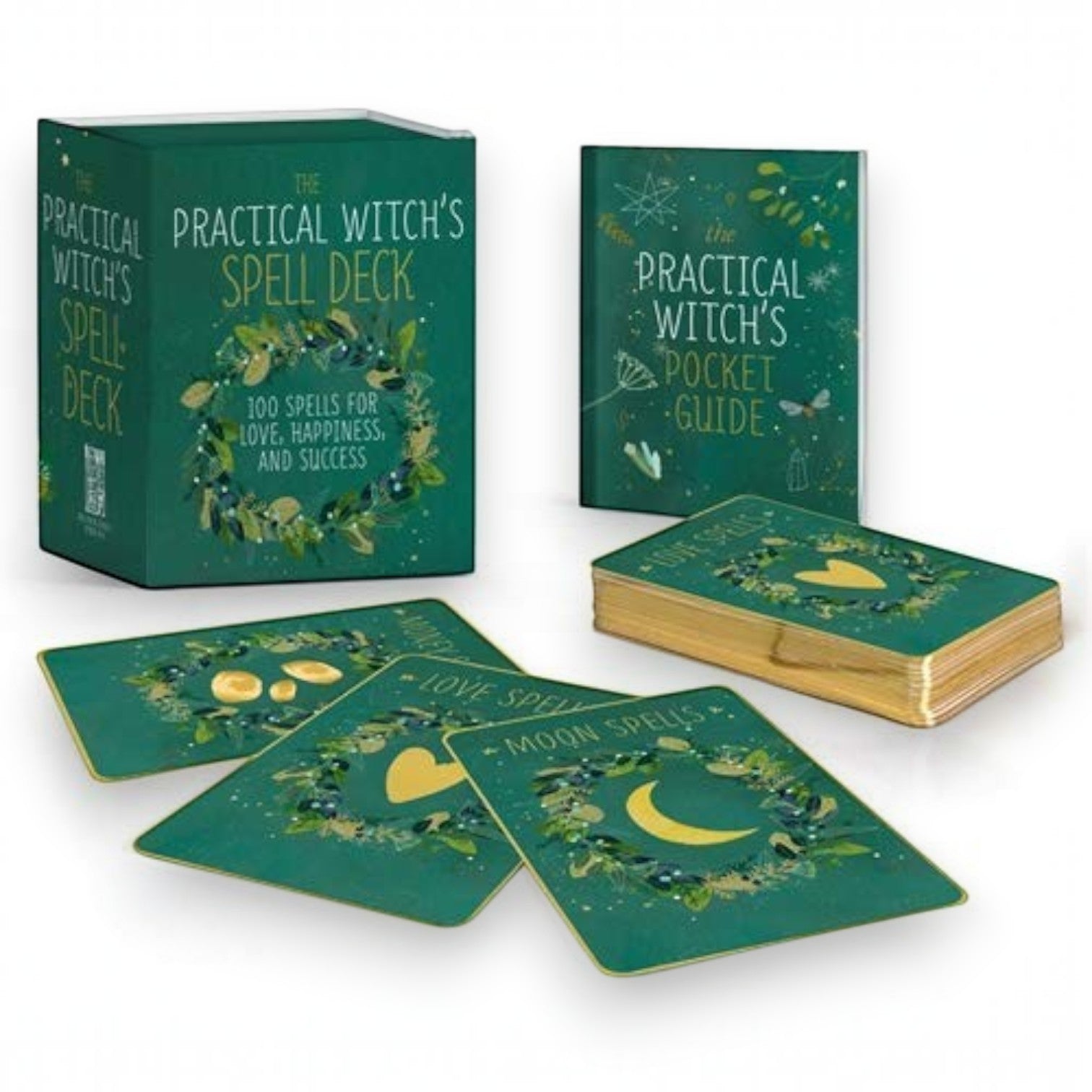 Mellow Monkey The Practical Witch's Spell Deck with green illustrated cards, mini guide, and magnetic keepsake box.