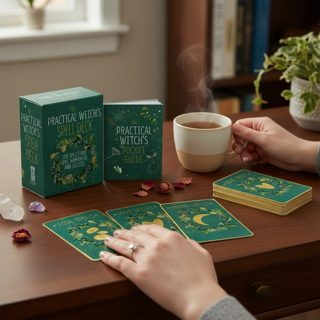 Mellow Monkey The Practical Witches Spell Deck with illustrated cards, mini guide, and keepsake box on a wooden desk.