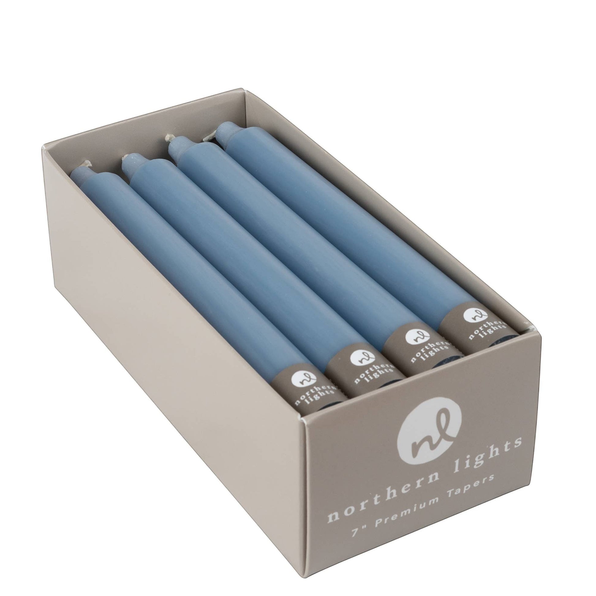 Mellow Monkey 12-piece box of 7-inch prairie blue smokeless and dripless taper candles