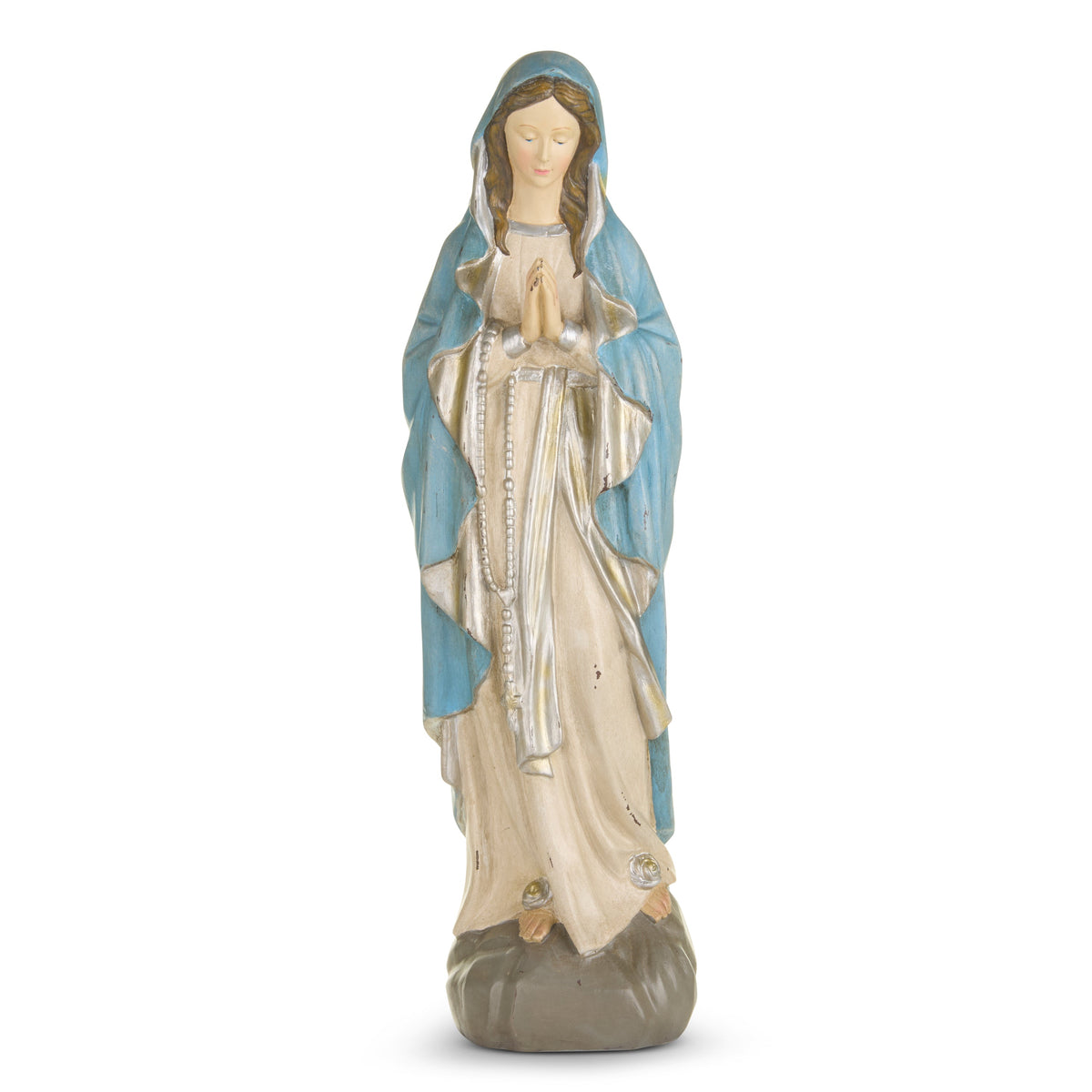 Mellow Monkey 19-inch resin Praying Mary statue with a blue veil, cream robe, and rosary beads on a stone base.