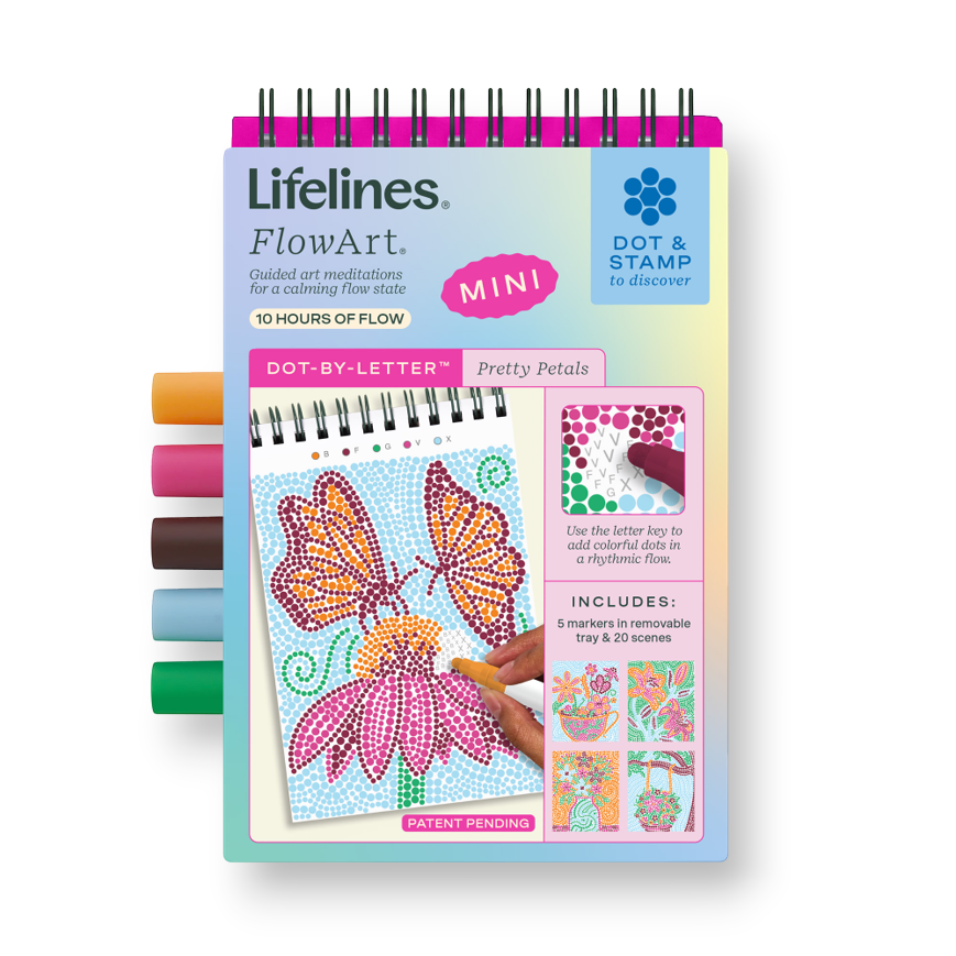Mellow Monkey Pretty Petals MINI FlowArt dot-by-letter pad with colorful butterfly and flower art and markers