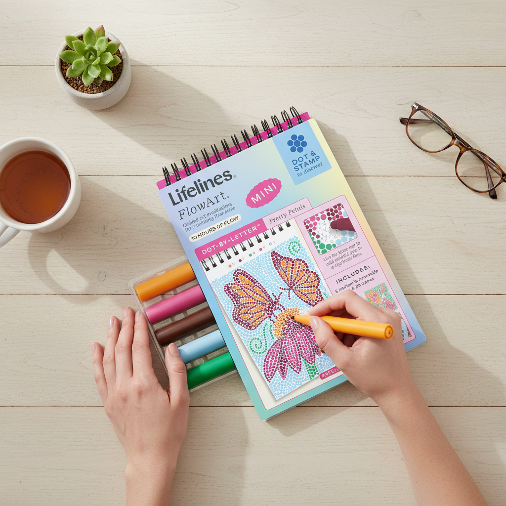 Mellow Monkey Pretty Petals MINI FlowArt dot-by-letter kit with markers and hands coloring a floral design on a desk.