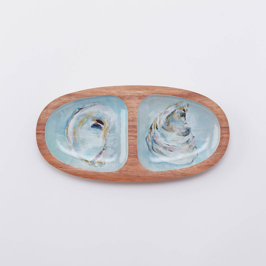 Mellow Monkey Providence oval acacia wood serving tray featuring Kim Hovell oyster shell artwork