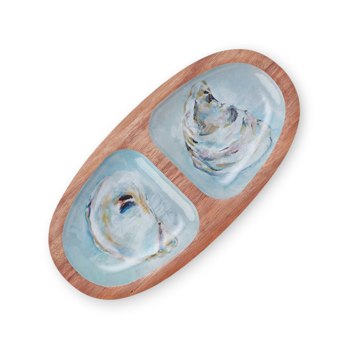 Mellow Monkey Providence oval acacia wood serving tray featuring Kim Hovell oyster artwork in blue and white tones.