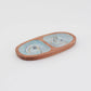 Mellow Monkey oval acacia wood serving tray featuring Kim Hovell Providence oyster artwork in blue and white tones.