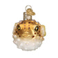 Mellow Monkey Pufferfish blown glass holiday ornament, gold with brown spots and iridescent glitter accents.