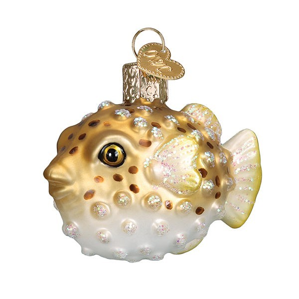 Mellow Monkey Pufferfish blown glass holiday ornament, gold and white with glittery spikes. 2.5-in.