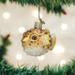 Mellow Monkey Pufferfish blown glass holiday ornament, gold with white belly and glitter accents, 2.5 inches.