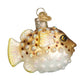 Mellow Monkey Pufferfish blown glass holiday ornament, gold and white with iridescent glitter accents. 2.5 inches.